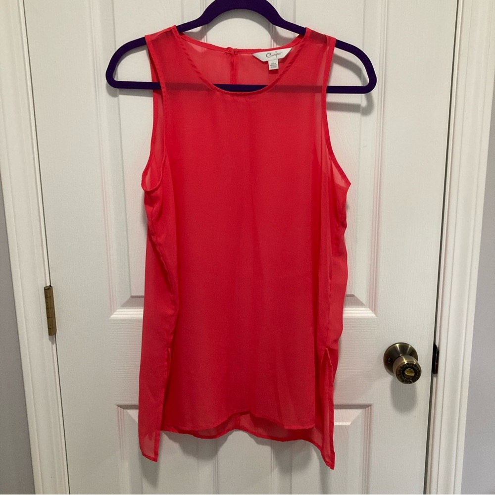 Curfew Tank Top Womens Size Large Orange Peach Tunic Sheer Sleeveless Dressy